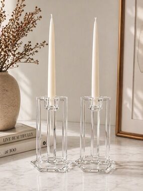 Vintage Westmoreland Glass Candlestick Holders Clear Art Deco Pair